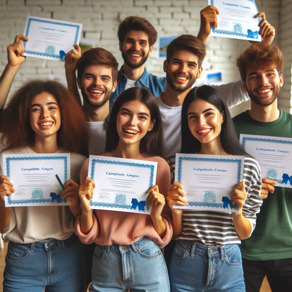 Alunos seguram certificados com alegria após concluir o curso de portaria e recepção.