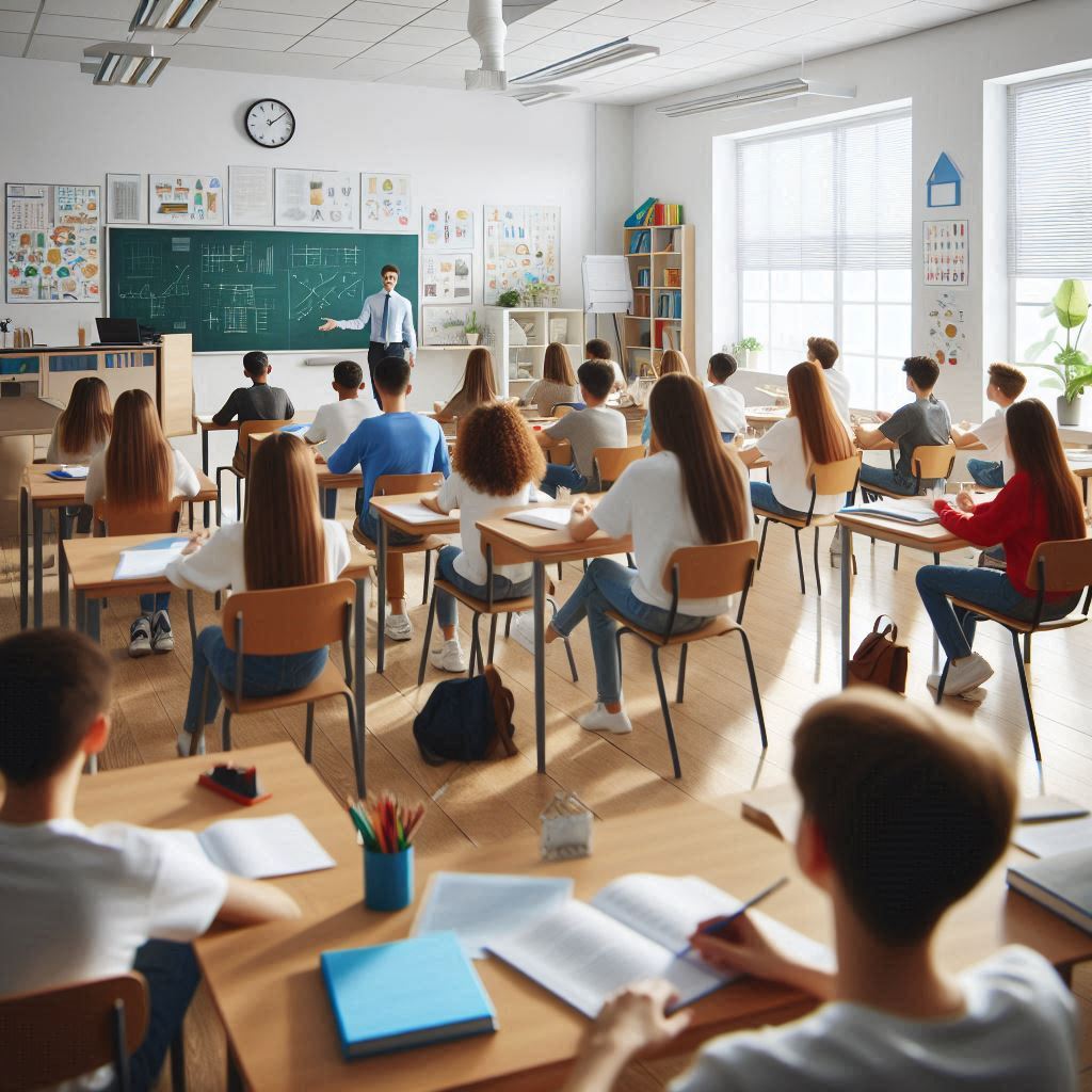 : Instrutor ensina alunos em uma sala de aula durante o curso de portaria e recepção.