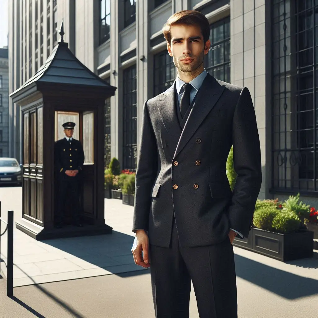 Porteiro em frente à entrada de um prédio, com uniforme tradicional, mantendo postura atenta.