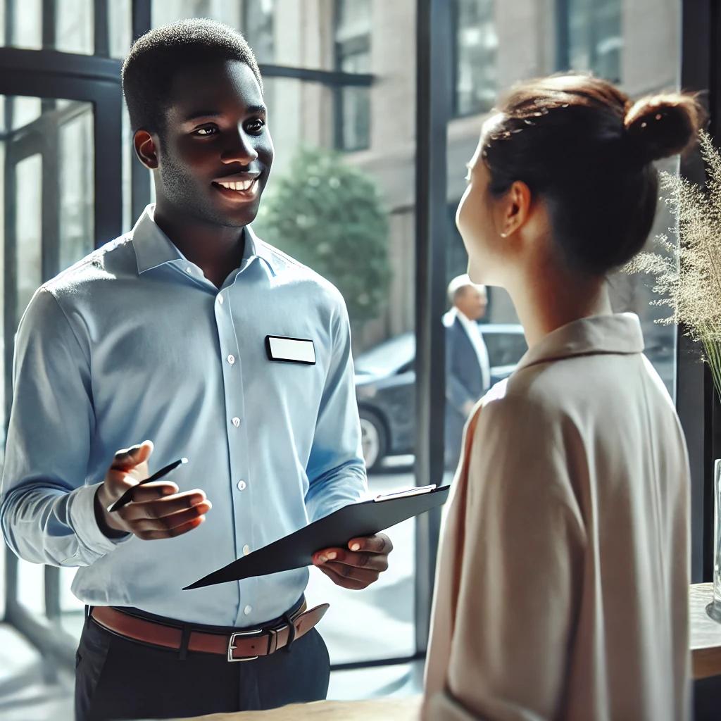 Recepcionista orienta visitante em um prédio comercial, destacando a importância de uma comunicação clara e educada.