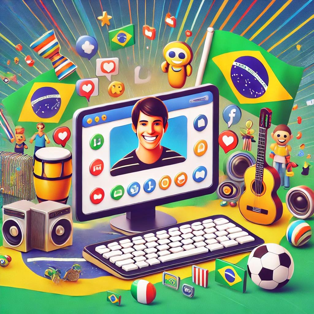 Usuário brasileiro feliz usando Orkut com interface colorida, simbolizando o crescimento da rede social no Brasil.