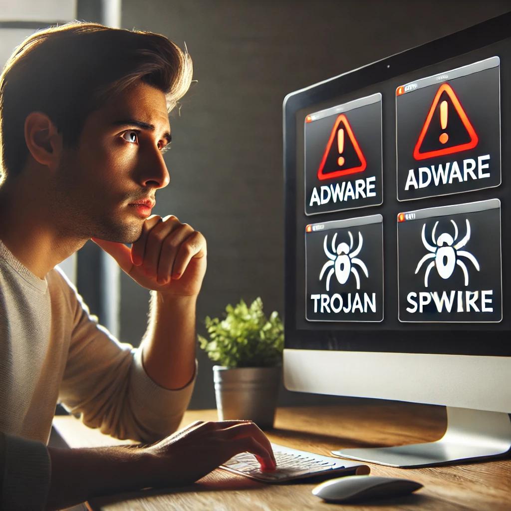 Computador Mac com pop-ups de alerta na tela, exibindo símbolos de adware, trojan e spyware, com um usuário preocupado.