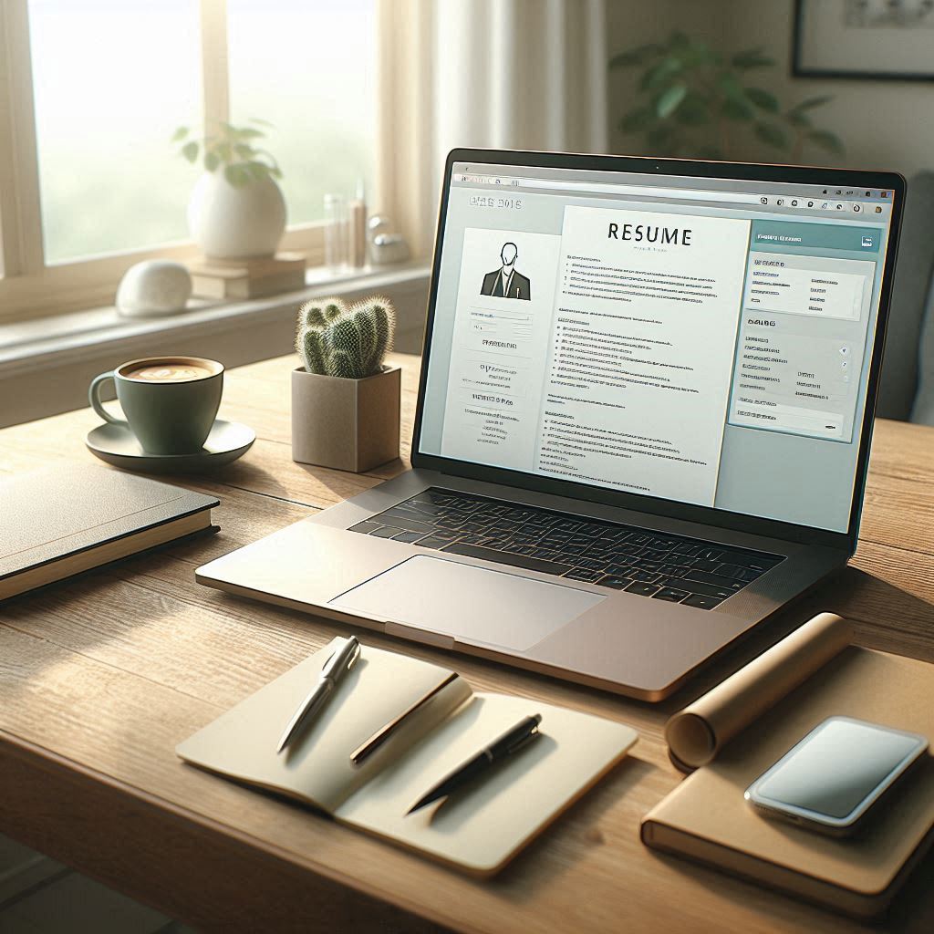 Mesa organizada com laptop e currículo na tela, representando a criação de um currículo profissional.