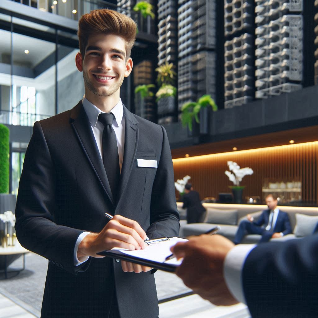 Porteiro uniformizado recepcionando um visitante na entrada de um prédio comercial.