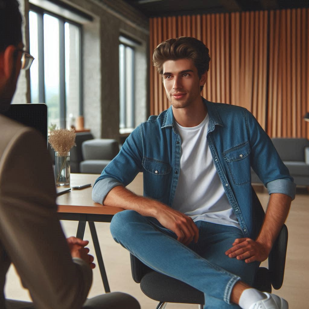 Homem confiante em entrevista de emprego, demonstrando postura profissional e boa comunicação.