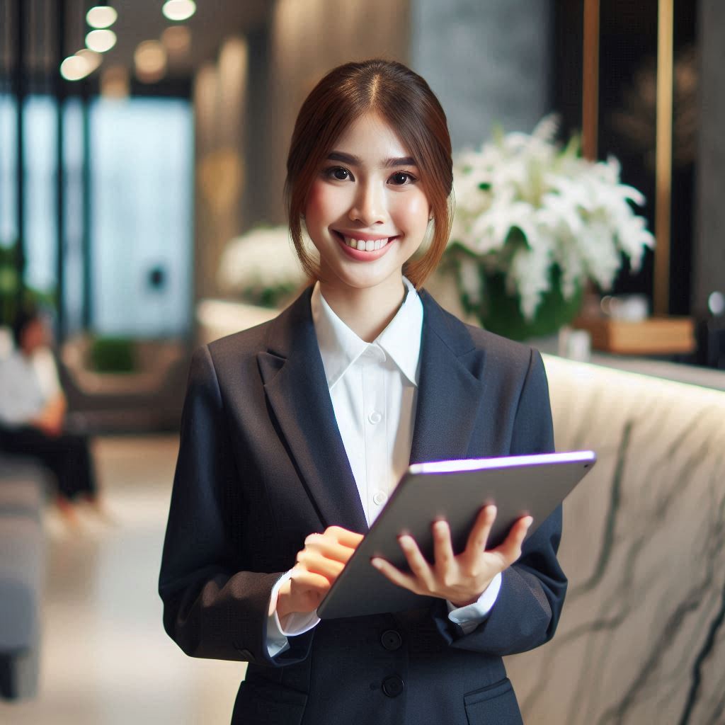 Recepcionista de condomínio sorridente, uniformizado, segurando tablet em ambiente moderno e profissional.