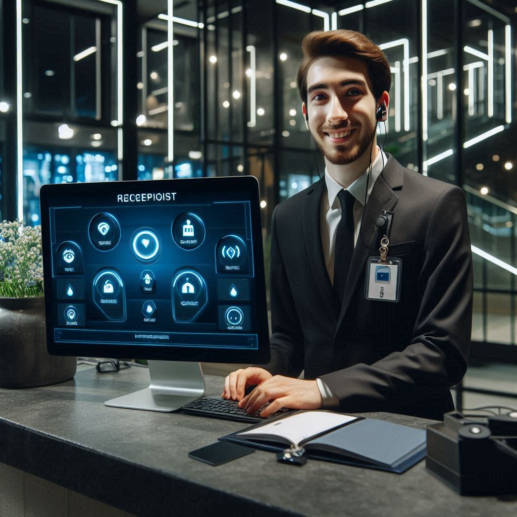 Recepcionista de condomínio monitorando câmeras de segurança e controlando acesso de visitantes em ambiente seguro.