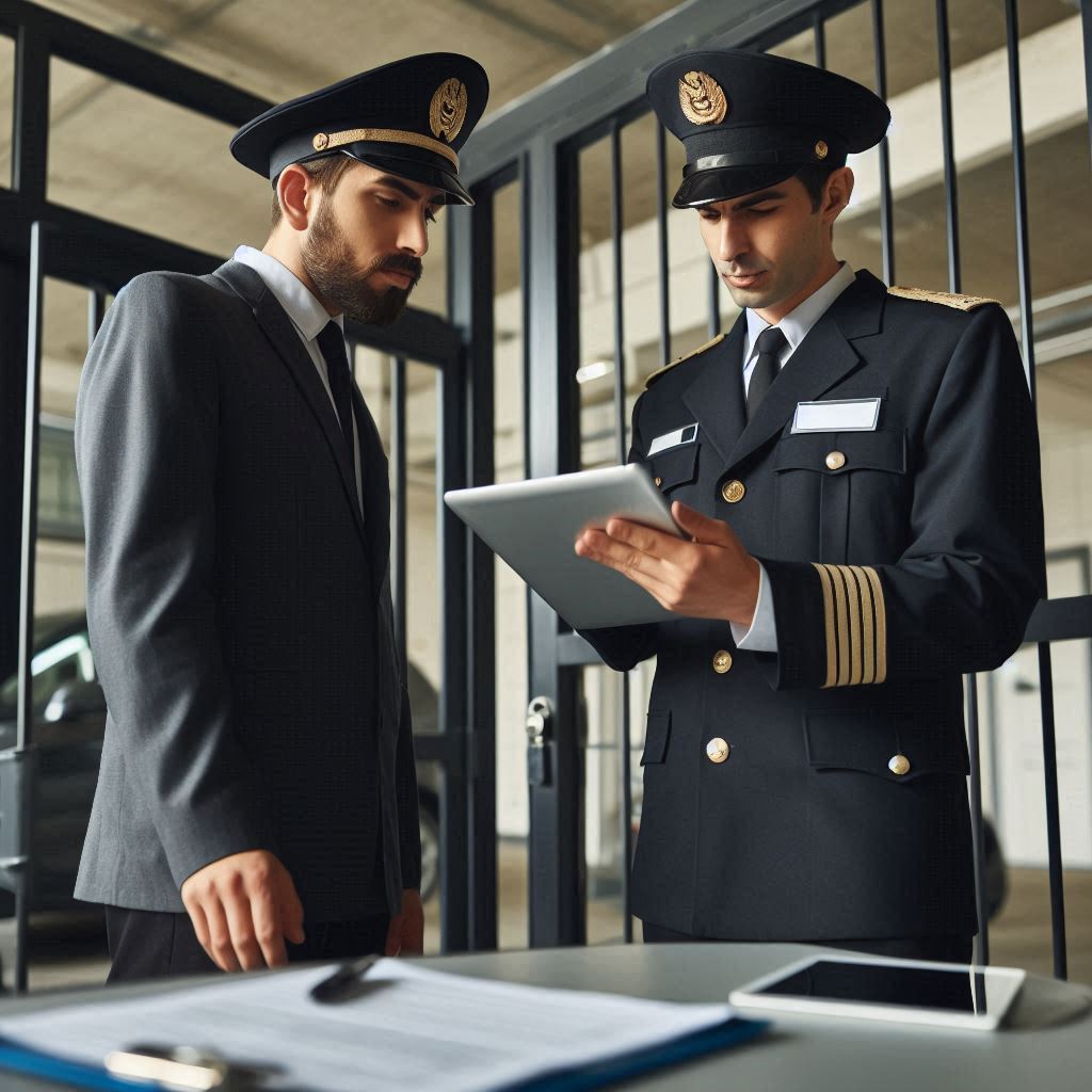 Porteiro verificando a identidade de um visitante na portaria de um prédio.