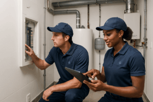 Equipe de manutenção profissional em condomínio inspecionando painel elétrico.
